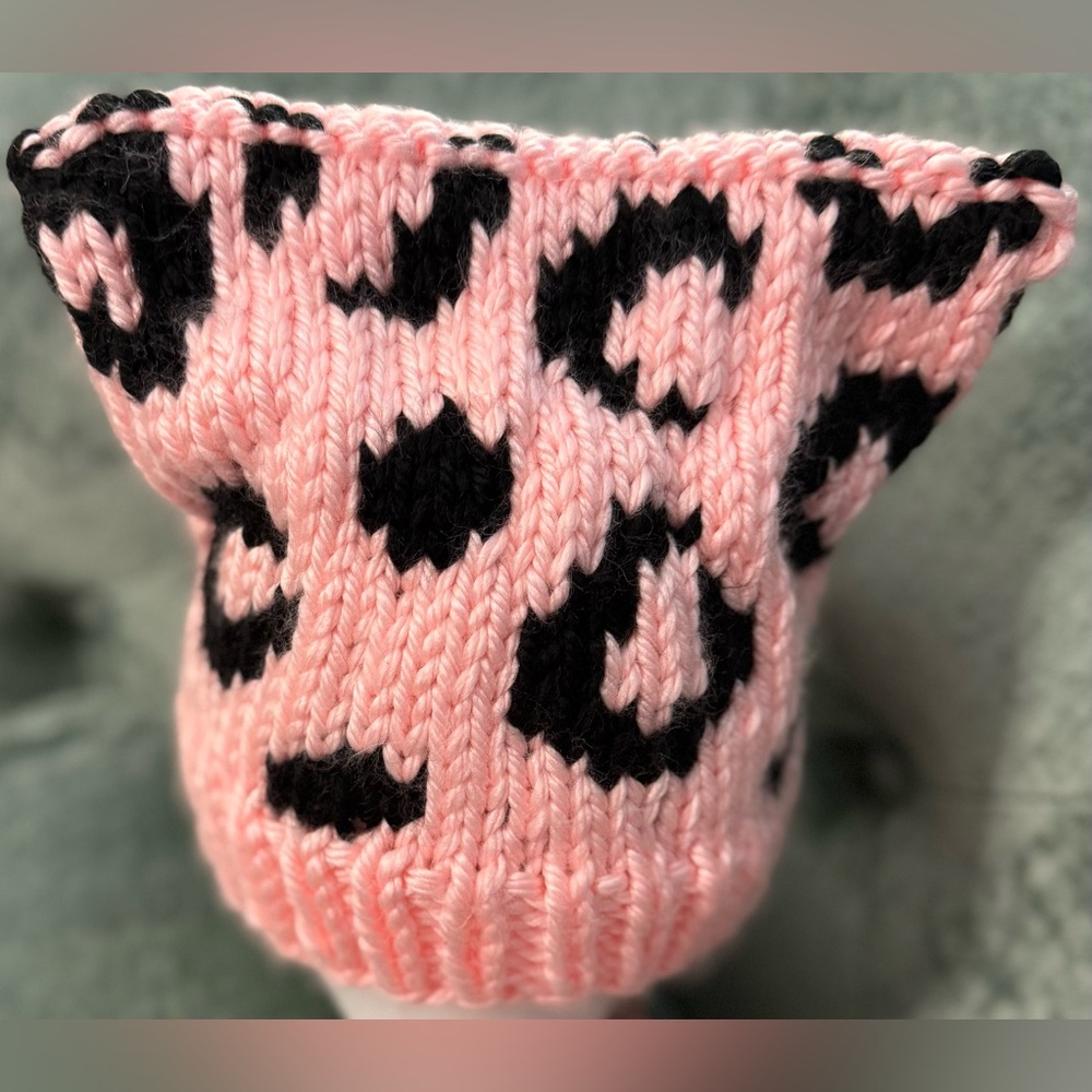Handmade Hand Crafted Knit Leopard Print Cat Hat Pink and Black - Picture 5 of 11